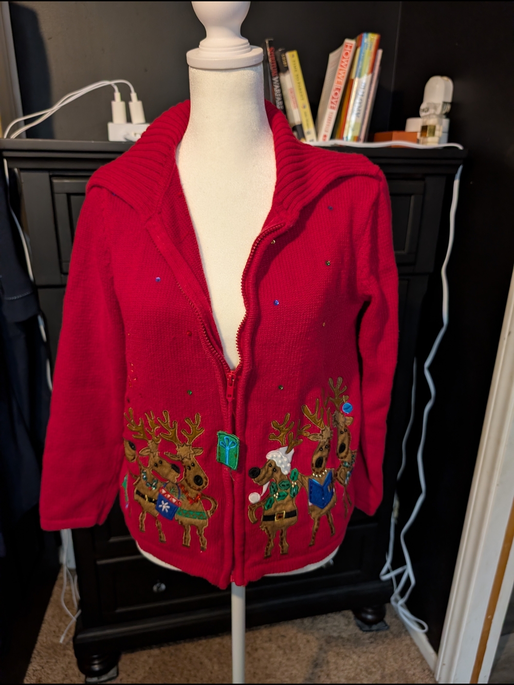 Festive Red Zip-Up Cardigan Sweater with Reindeer Motif